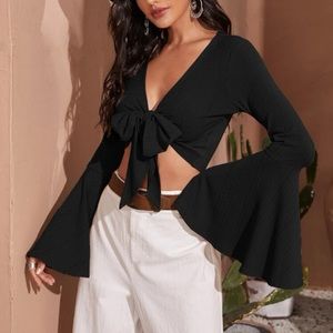 SHEIN VCAY Tie Front Bell Sleeve Rib-knit Top